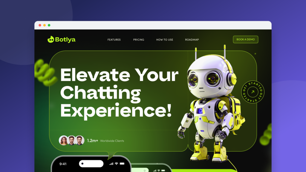 Botlya AI chatbot app landing page in a browser mockup on a deep indigo gradient