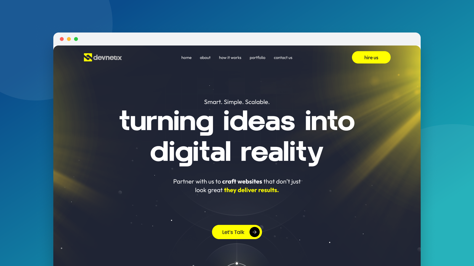 Devnetix software development agency website in a browser mockup on a blue-teal gradient
