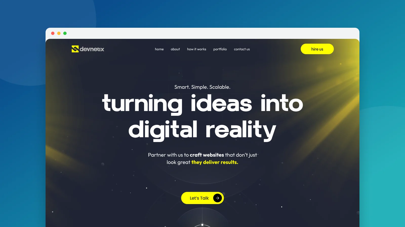 Devnetix software development agency website in a browser mockup on a blue-teal gradient