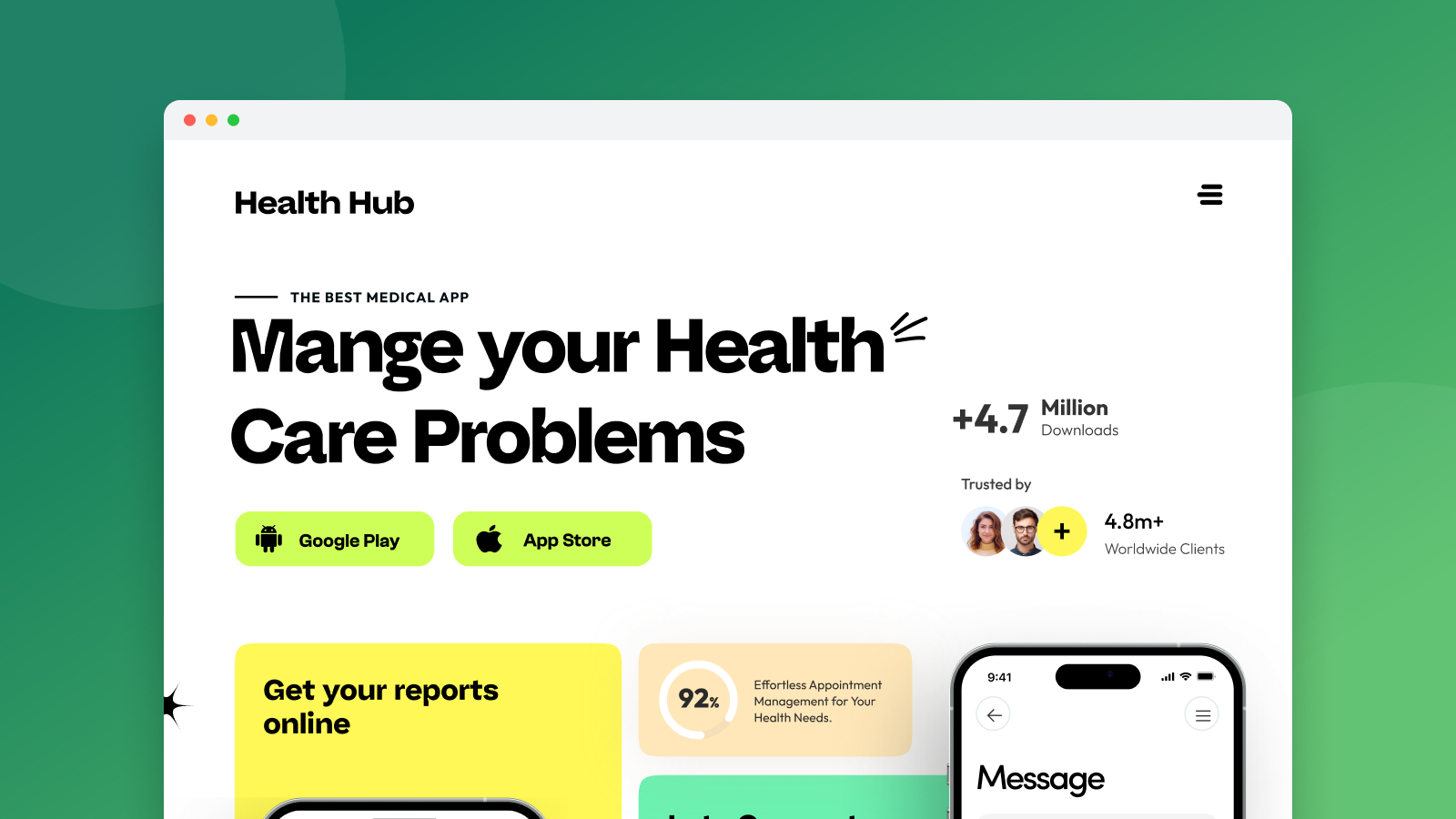 Health Hub medical app landing page in a browser mockup on a green gradient
