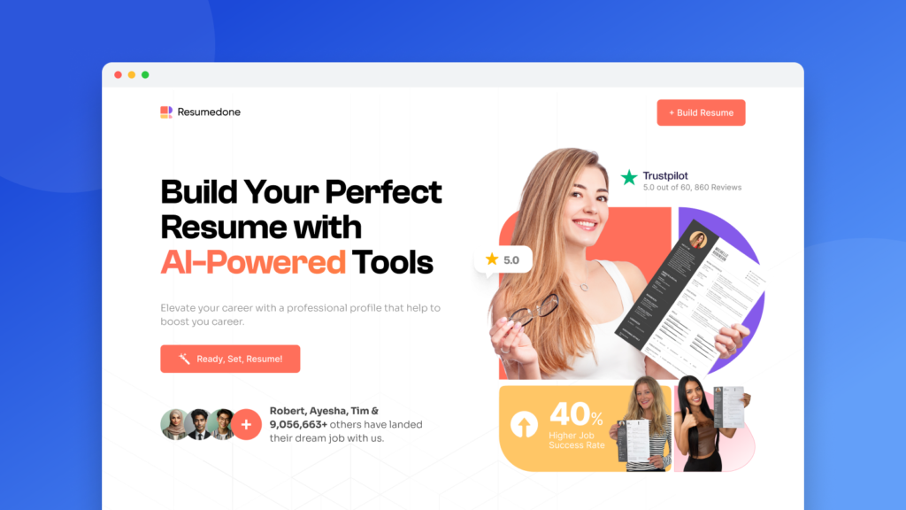 Resumedone AI resume builder landing page in a browser mockup on a blue gradient