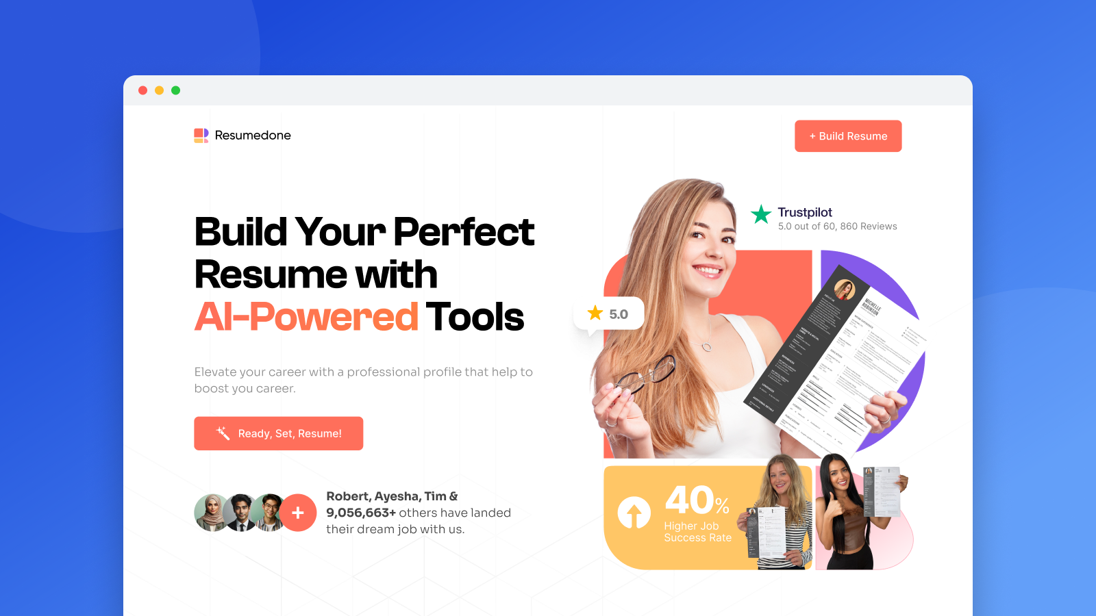 Resumedone AI resume builder landing page in a browser mockup on a blue gradient