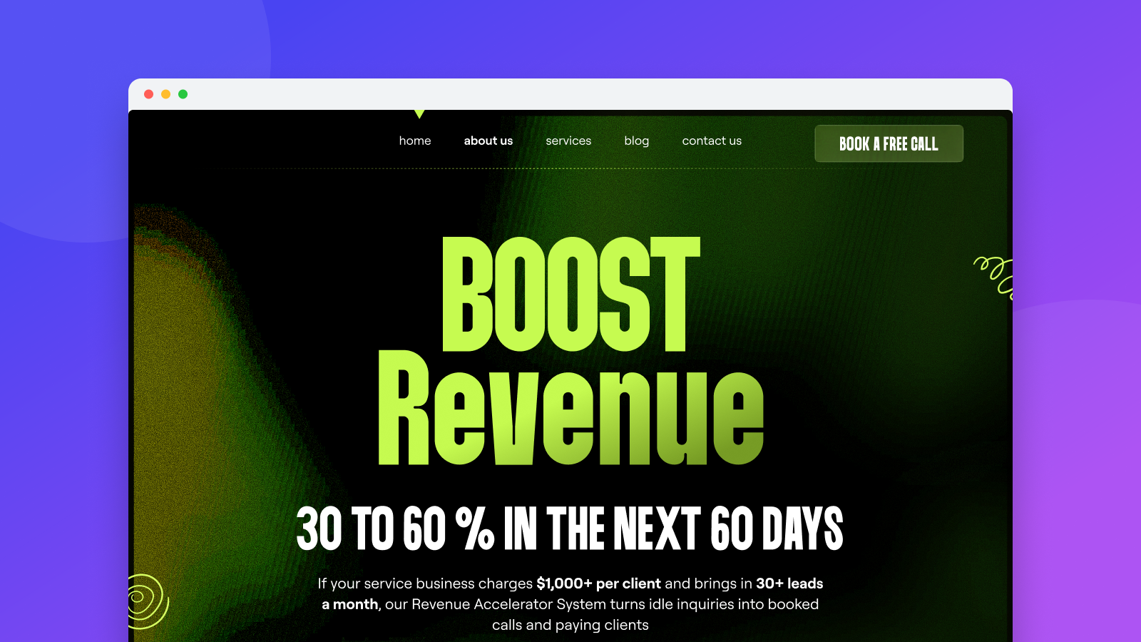 Revenue Accelerator landing page design showcased in a browser mockup on an indigo-violet gradient
