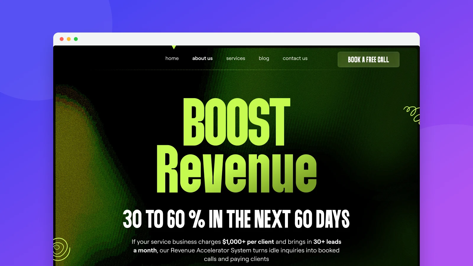 Revenue Accelerator landing page design showcased in a browser mockup on an indigo-violet gradient