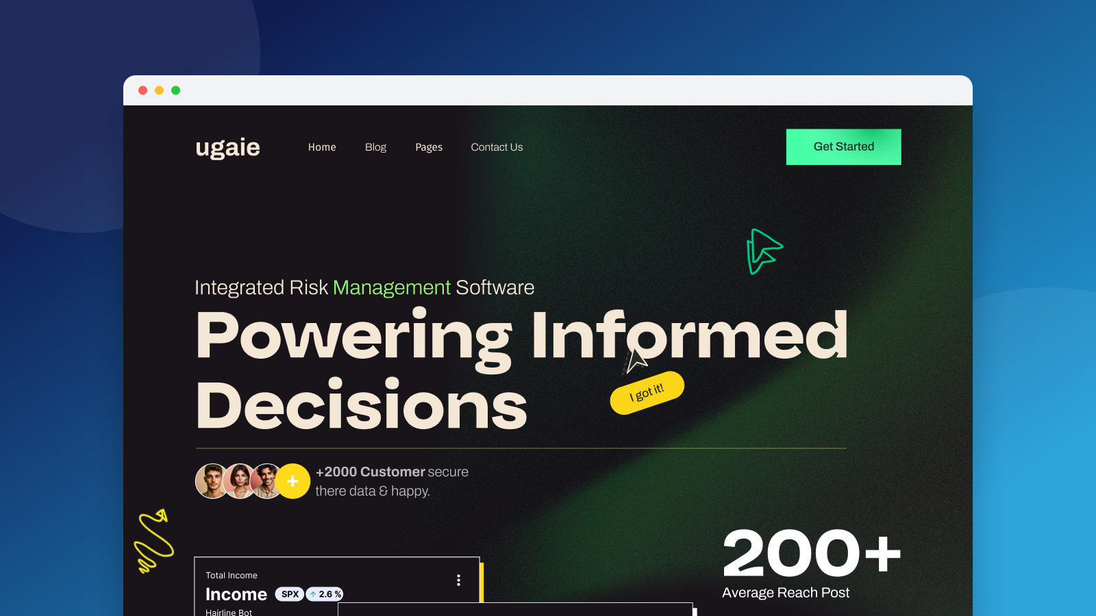 Ugaie risk management SaaS landing page in a browser mockup on a navy-cyan gradient