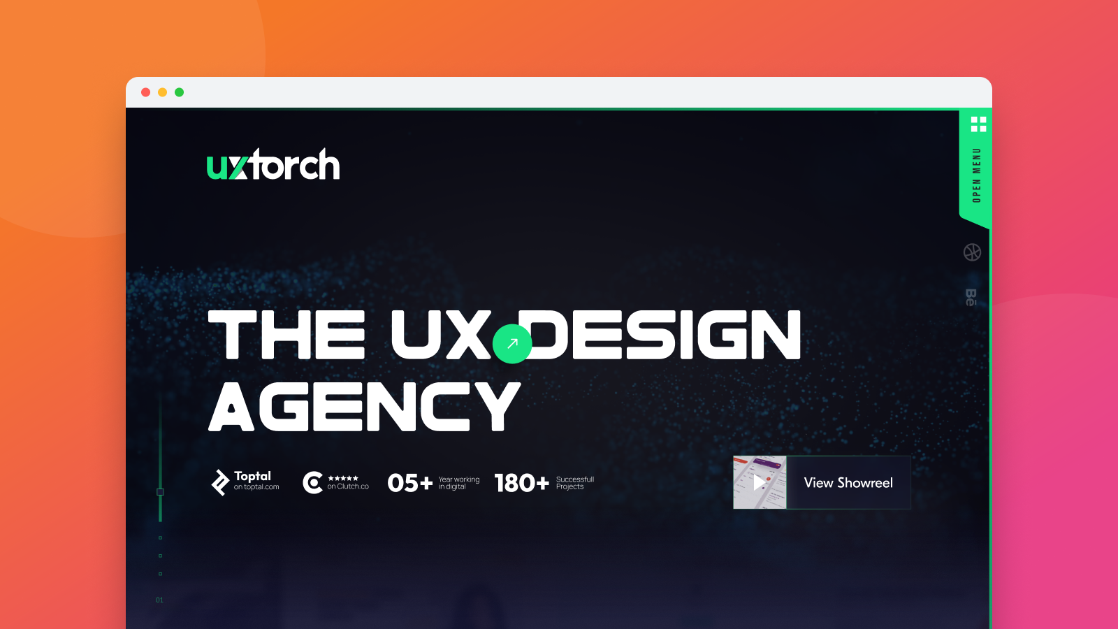 Uxtorch UX design agency homepage in a browser mockup on an orange-pink gradient