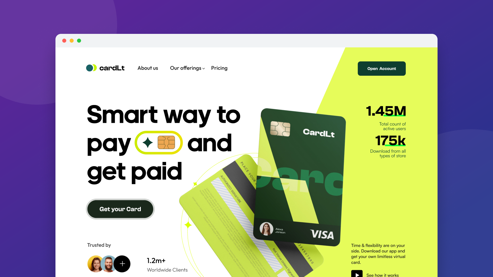 cardLt fintech virtual card landing page in a browser mockup on a purple-indigo gradient