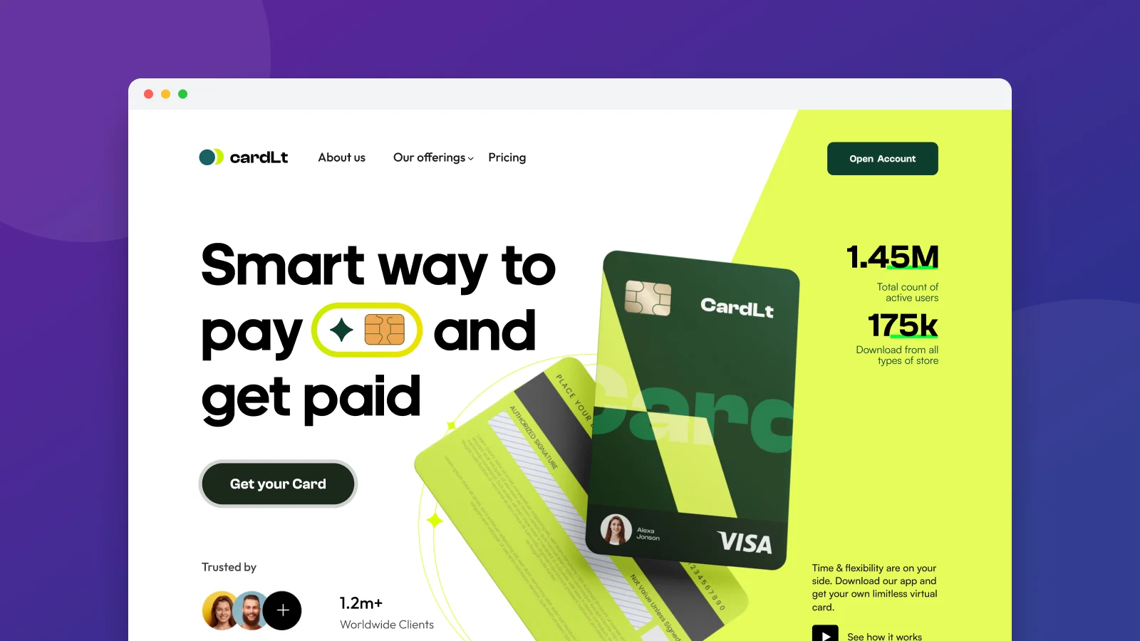 cardLt fintech virtual card landing page in a browser mockup on a purple-indigo gradient
